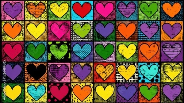 Fototapeta Rainbow Hearts Grid Wallpaper with Comic Outlines and Retro Textures