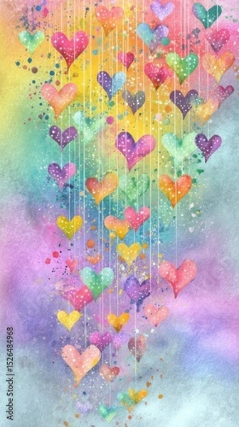 Fototapeta Whimsical Rainbow Hearts Cascade - Playful Comic Layout with Polka Dots, Ink Splashes, and Pastel Textures