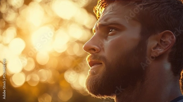 Fototapeta Thoughtful Man with a Beard at Sunset