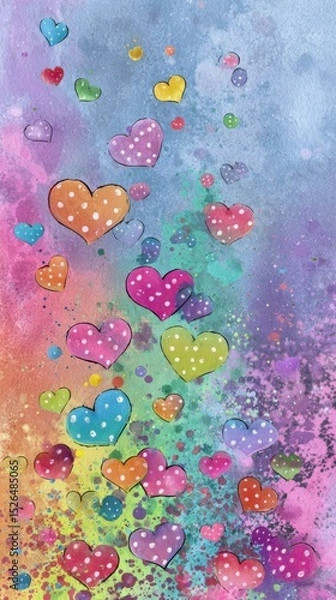 Fototapeta Colorful Comic Hearts Cascade with Polka Dots and Ink Splashes on Pastel Background - Vibrant Love and Fun Concept