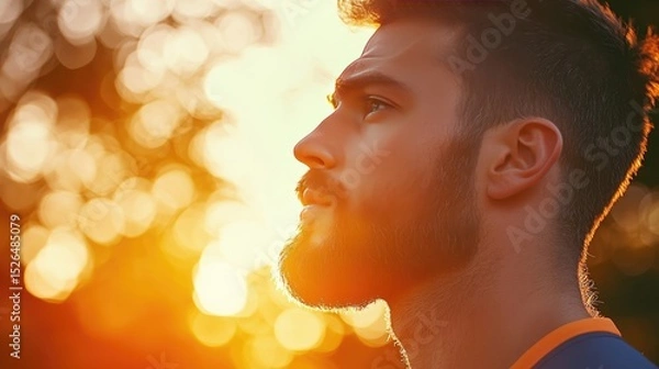 Fototapeta Thoughtful Man with a Beard at Sunset