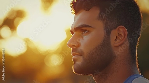 Fototapeta Thoughtful Man with a Beard at Sunset