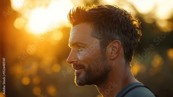 Fototapeta Thoughtful Man with a Beard at Sunset