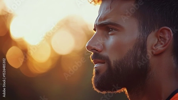 Fototapeta Thoughtful Man with a Beard at Sunset