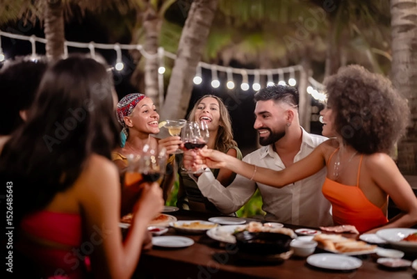 Fototapeta Group of diverse friends raising glasses in a joyful toast at a tropical outdoor party, celebrating together under palm trees and string lights