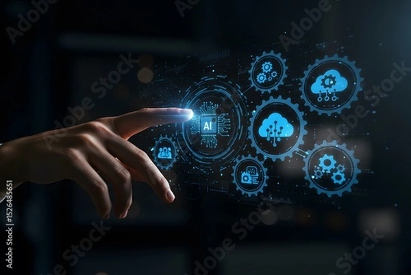 Fototapeta Smart industry 4.0, automation and optimisation concept on virtual. Business and modern technology concept. human hand with gears, Generated AI