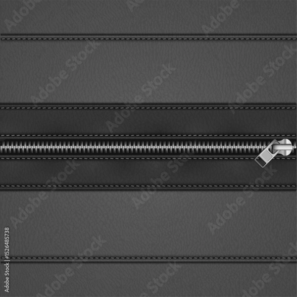 Obraz Realistic black leather background with a closed metallic zipper and stitches - vector illustration