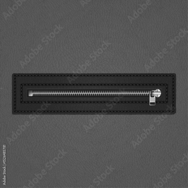 Obraz Realistic black leather background with a closed metallic zipper on a stitched label - vector illustration