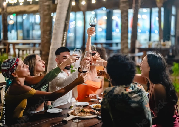 Fototapeta Group of diverse friends raising glasses in a joyful toast at a tropical outdoor party, celebrating together under palm trees and string lights