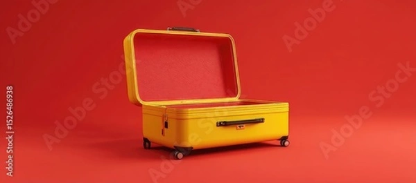 Fototapeta Empty bright yellow suitcase on red background
