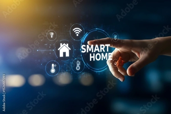 Fototapeta Smart home control panel on virtual screen. IOT and Automation technology concept.Generated AI	
