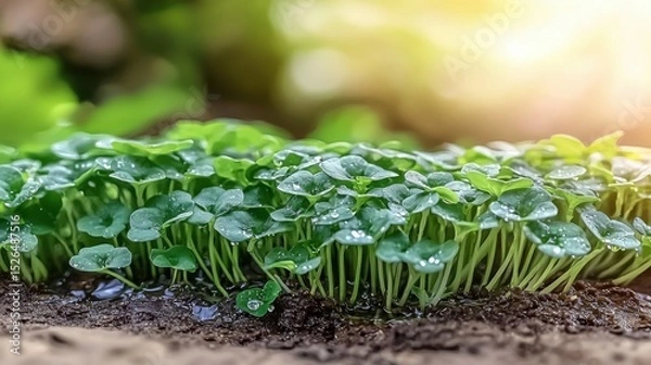 Obraz Fresh Green Sprouts With Dew In Sunlit Garden. Symbol Of Growth And Renewal