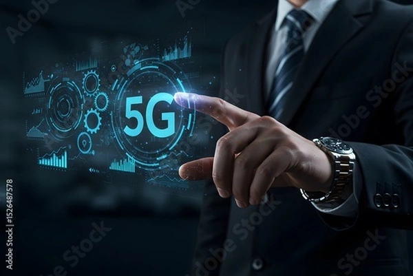 Fototapeta 5G Fifth generation of mobile internet. Fast connection. Telecommunication concept on virtual screen. man hand pushing a button