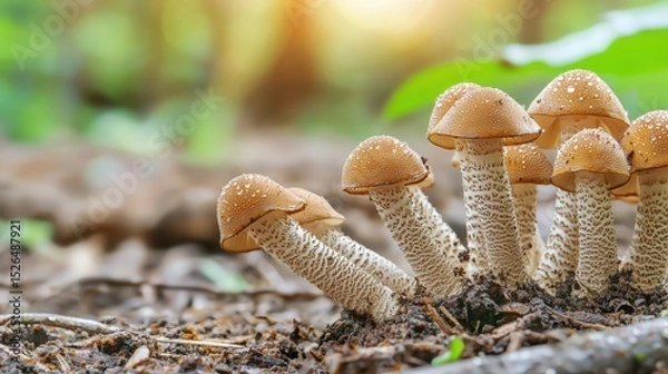 Obraz Cluster Of Wild Mushrooms With Dew In Forest Setting. Nature'S Beauty And Biodiversity
