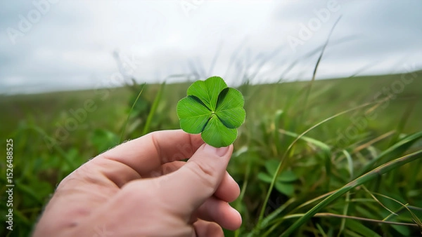 Fototapeta Hand holding a four-leaf clover in a field