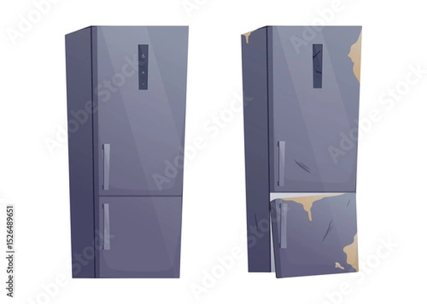 Fototapeta Two vector isolated cartoon closed refrigerators isolated on white, new and clean, the other old, dirty, scratched. Concept of contrast, repair, replacement, appliance lifecycle and decay.