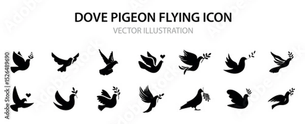 Fototapeta Dove or pigeon icon collection. Peace doves silhouette. Flying pigeon with branch icon. Black vector set of doves with olive branches, peace symbol illustration VECTOR ILLUSTRATION