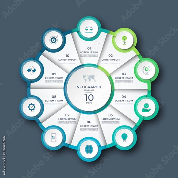 Obraz Modern circular infographic with 10 steps. Ideal for business process, strategy, timeline, workflow, or presentation design. Editable vector template with icons and clean layout.