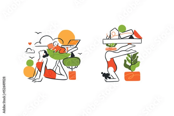 Fototapeta Hand drawn vector graphic cartoon line illustration with woman does yoga and keeps her life in balance. Multitasking mother with baby child meditating in harmony. Business mother life concept