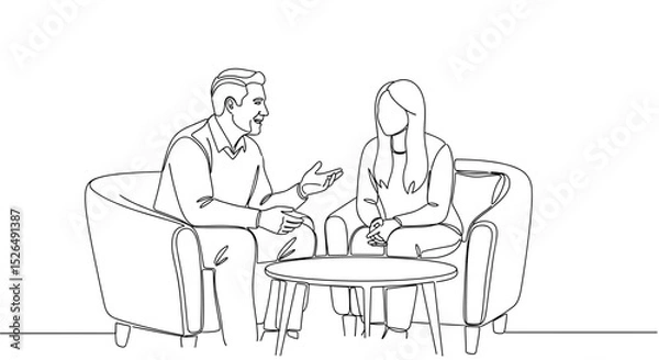 Fototapeta Line Art of Two People Engaged in Leadership and Mentorship Discussion on Neutral Background for Professional Blogs, Coaching Websites, Educational Articles, and Social Media Content