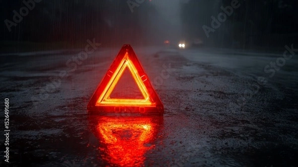 Fototapeta Red warning triangle on dark wet road for car breakdown emergency hazard safety and accident prevention