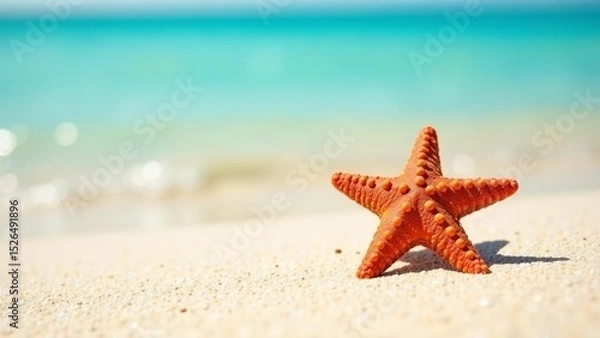 Fototapeta Starfish resting on a sandy beach with turquoise water in the background on a sunny day