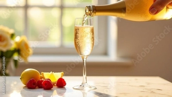 Fototapeta Pouring sparkling beverage into a elegant flute glass with fresh fruits on the table in a bright interior setting during the day