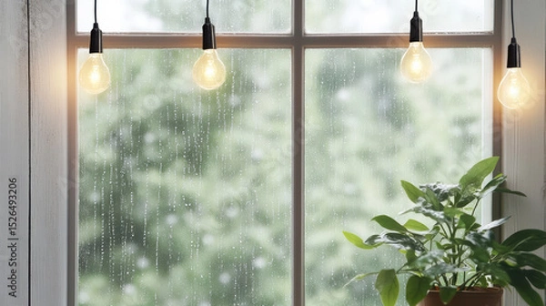 Fototapeta Soft glow from string lights outside foggy window creates cozy atmosphere