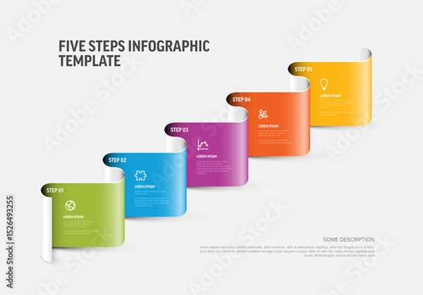 Fototapeta Five Steps Infographic Template with Colorful Ribbon Shapes