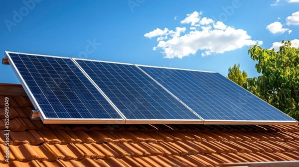 Fototapeta Solar panels on rooftop under clear blue sky with clouds create sustainable energy solution