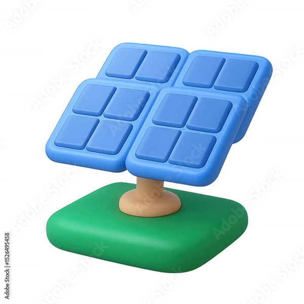 Fototapeta Solar panel model on green base, isolated on transparent background, 3D claymorphic icon