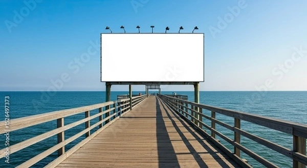 Fototapeta A blank white billboard stands at the end of a wooden pier over the ocean with blue sky