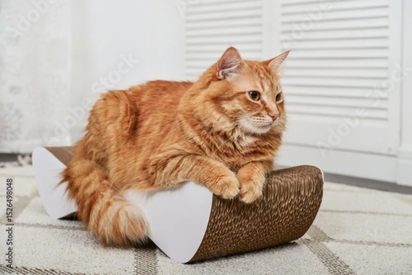 Fototapeta cat lying on the modern cardboard scratching post