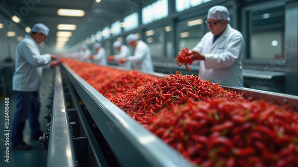 Fototapeta Workers sorting red chili peppers in a modern facility