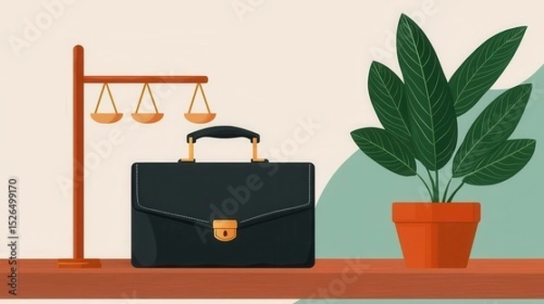 Fototapeta Minimalist scale with briefcase and plant, visual metaphor of balance