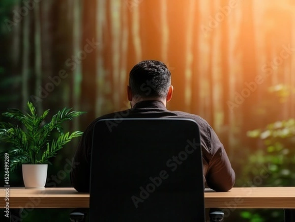 Fototapeta Person sitting between glowing office and calm forest scene