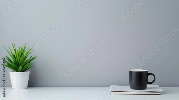Fototapeta Minimal office desk with plant, book, and candle, work and relaxation mix