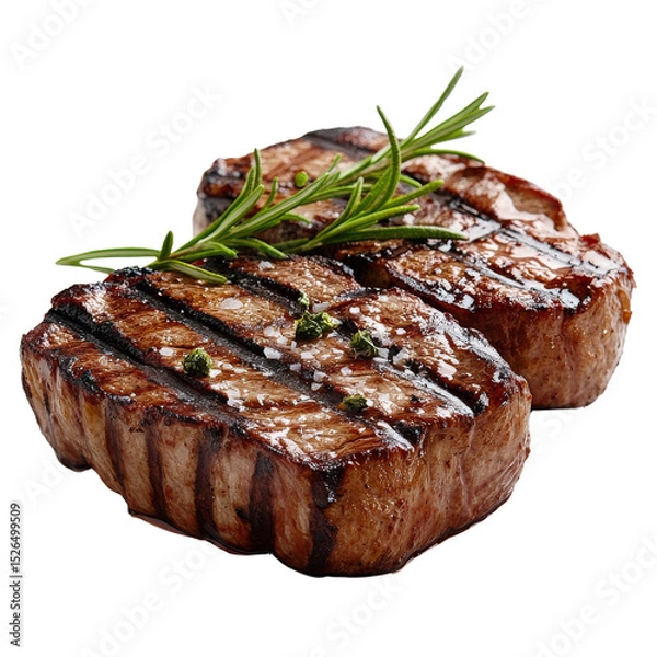 Obraz Gourmet grilled beef steaks with rosemary garnish on a clean white surface