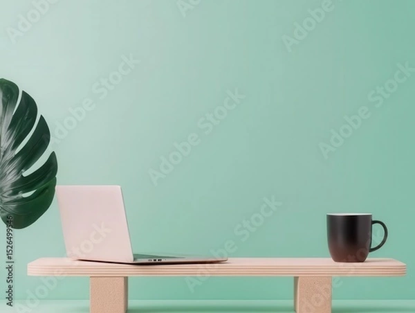 Fototapeta Abstract seesaw with laptop on one side and coffee cup on the other, worklife balance concept