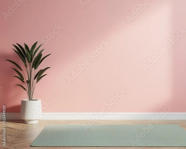 Fototapeta Workspace with meditation mat beside, dualuse minimalist room