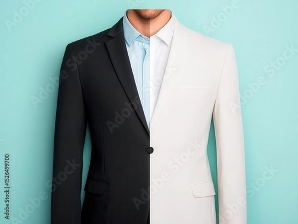 Fototapeta Split screen of person in suit and casual wear, balanced dual life concept