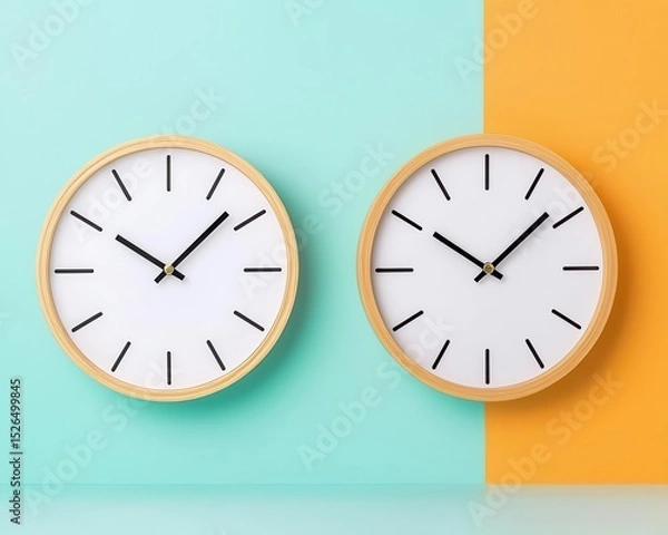 Fototapeta Two minimalist clocks showing work time and rest time, balance in motion