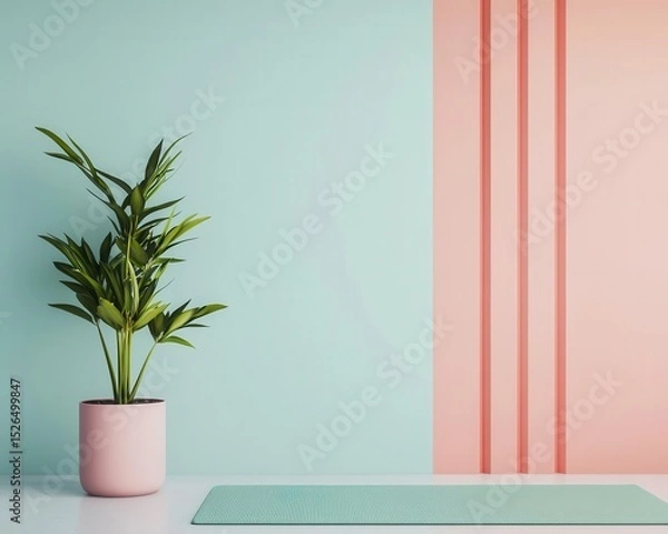 Fototapeta Workspace with meditation mat beside, dualuse minimalist room