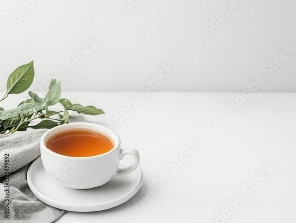 Fototapeta Clean white workspace with cup of tea and meditation icon on screen