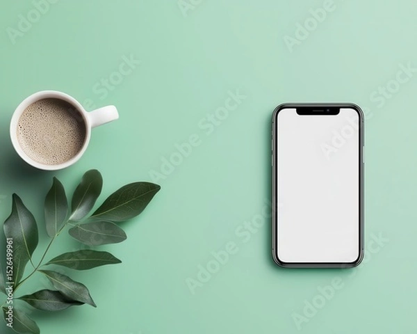 Fototapeta Minimalist workspace with phone turned upside down, digital detox balance