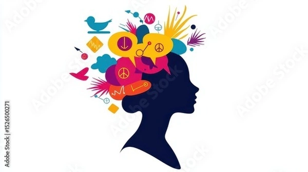 Fototapeta Head silhouette filled with peace symbols and graphs, mental worklife harmony