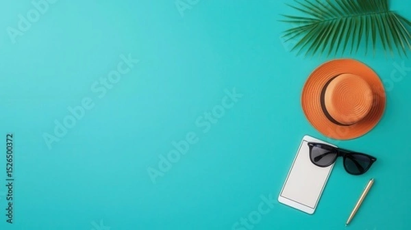 Fototapeta Flat lay with work items on one side and travel items on the other, minimalist symmetry