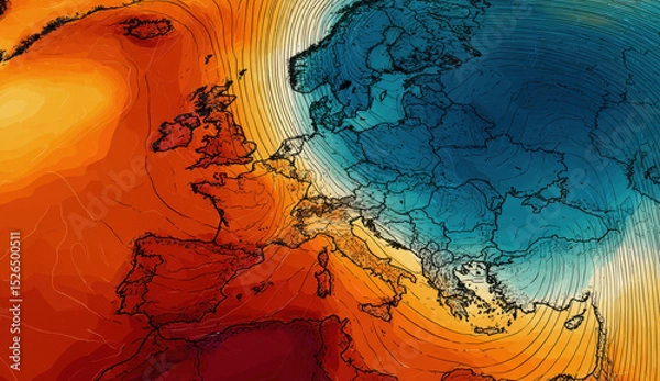 Fototapeta Extreme temperatures are sweeping across Europe, illustrating the ongoing heat wave. The weather map shows affected areas experiencing intense summer heat, raising concerns for public health
