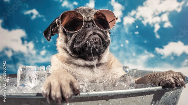 Fototapeta A pug puppy adorned with stylish sunglasses cools off in a tub filled with ice while the intense summer heatwave soars outside. The clear blue sky enhances the heat of the day