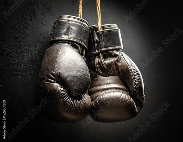 Obraz black boxing gloves hanging on dark background